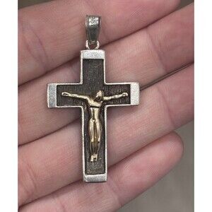 Vintage Michael Anthony Sterling Silver 14K Gold Crucifix Cross Pendant 7.3g⁠